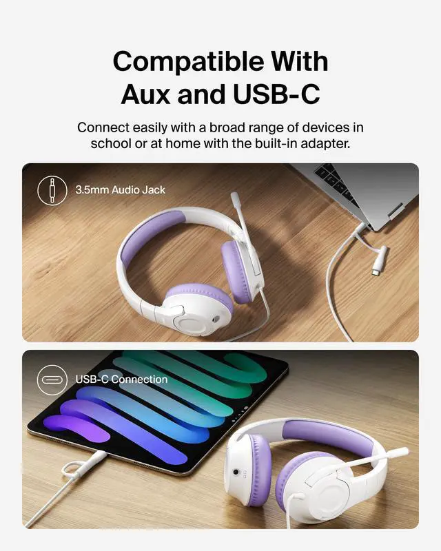 Alt view image 2 of 6 - SoundForm Inspire Wired Kids Headphones, USB-C & 3.5mm | Over-ear headset, boom mic, 85dB safe volume limit, RockStar shared listening mode, school, online learning