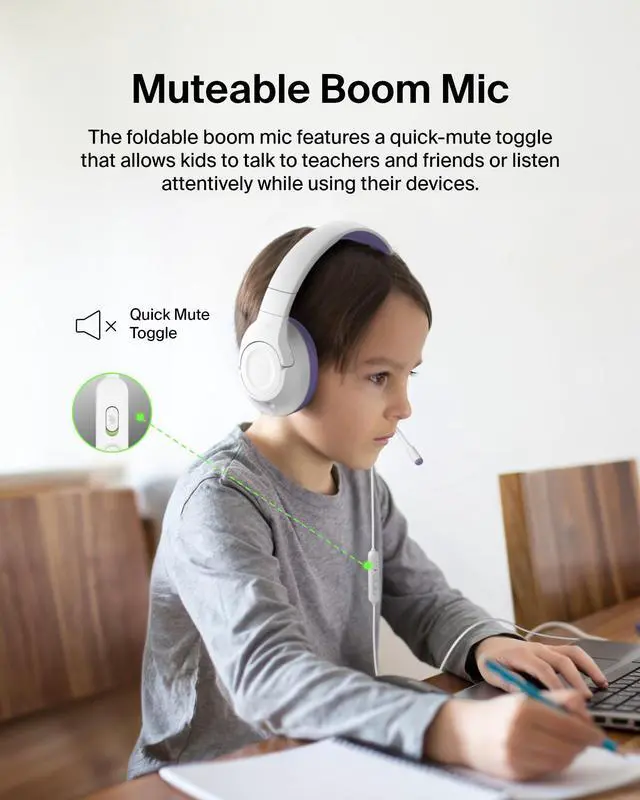 Alt view image 3 of 6 - SoundForm Inspire Wired Kids Headphones, USB-C & 3.5mm | Over-ear headset, boom mic, 85dB safe volume limit, RockStar shared listening mode, school, online learning