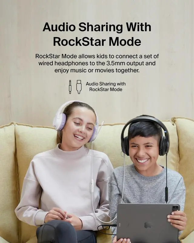Alt view image 5 of 6 - SoundForm Inspire Wired Kids Headphones, USB-C & 3.5mm | Over-ear headset, boom mic, 85dB safe volume limit, RockStar shared listening mode, school, online learning