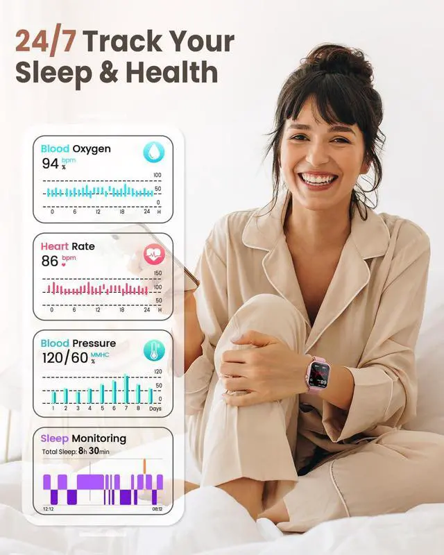 Alt view image 4 of 6 - 1.83" Smart Watches for Women (Android/iPhone), with 1000mAh Battery, 5ATM | 110+ sports modes, messages and app notifications, health monitoring(blood pressure, 24/7 heart rate, SpO2, sleep), Pink