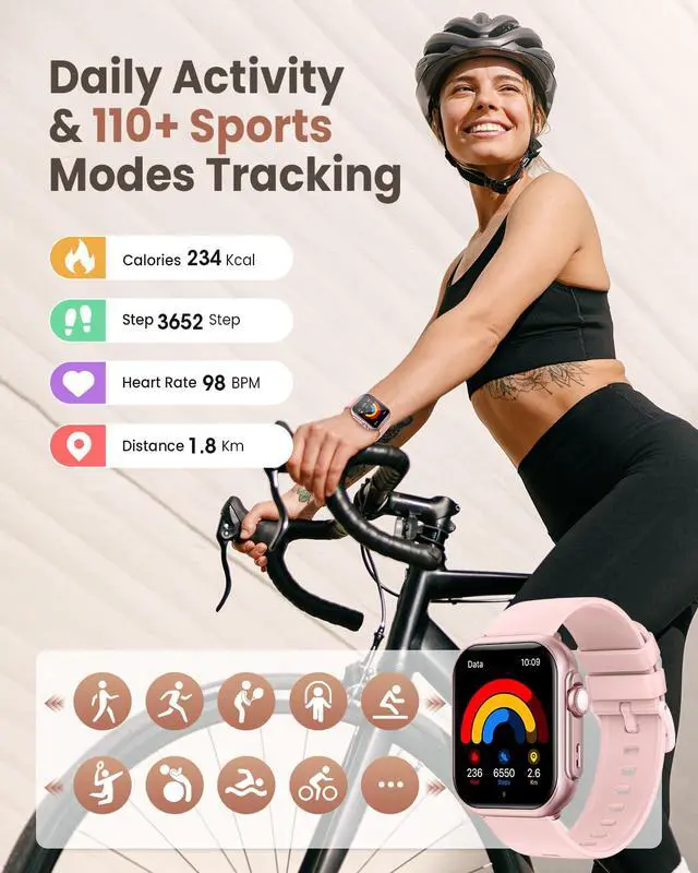 Alt view image 6 of 6 - 1.83" Smart Watches for Women (Android/iPhone), with 1000mAh Battery, 5ATM | 110+ sports modes, messages and app notifications, health monitoring(blood pressure, 24/7 heart rate, SpO2, sleep), Pink