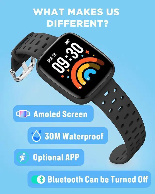 Alt view image 2 of 6 - Kids Watch No Phone Needed, 1.8" Amoled Smart Fitness Watch | Pedometer, Heart Rate, Sleep Tracker, 30m Waterproof, Step Counter, Games, 100+ Dials, Gifts for Boys Girls 5-16, Black