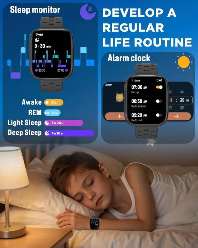 Alt view image 4 of 6 - Kids Watch No Phone Needed, 1.8" Amoled Smart Fitness Watch | Pedometer, Heart Rate, Sleep Tracker, 30m Waterproof, Step Counter, Games, 100+ Dials, Gifts for Boys Girls 5-16, Black