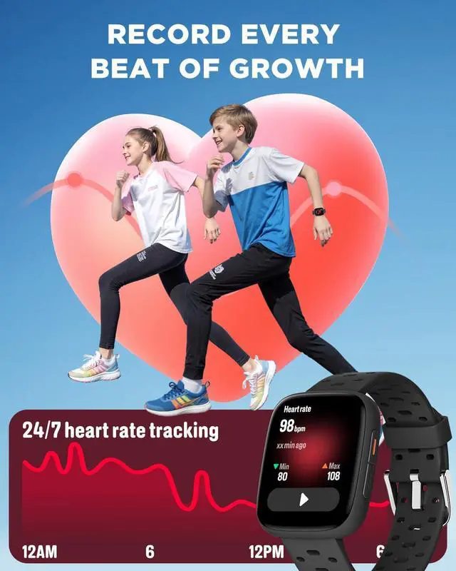 Alt view image 5 of 6 - Kids Watch No Phone Needed, 1.8" Amoled Smart Fitness Watch | Pedometer, Heart Rate, Sleep Tracker, 30m Waterproof, Step Counter, Games, 100+ Dials, Gifts for Boys Girls 5-16, Black