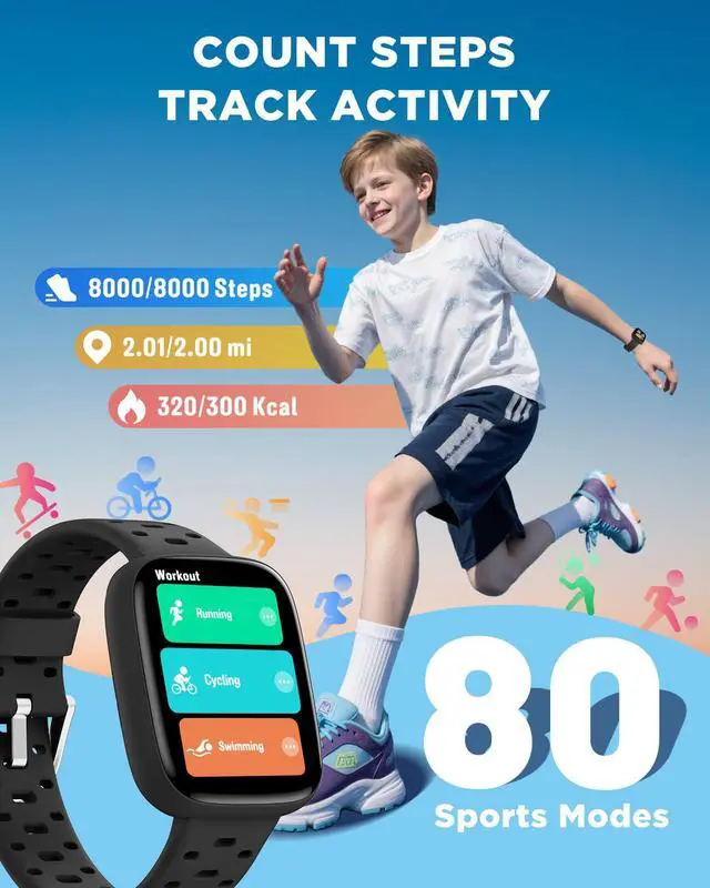 Alt view image 6 of 6 - Kids Watch No Phone Needed, 1.8" Amoled Smart Fitness Watch | Pedometer, Heart Rate, Sleep Tracker, 30m Waterproof, Step Counter, Games, 100+ Dials, Gifts for Boys Girls 5-16, Black
