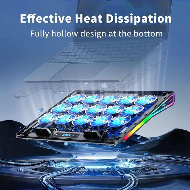 Alt view image 2 of 6 - Laptop Cooling Pad, Gaming Laptop Fan Cooling Pad with 15 Quiet Fans, RGB Laptop Cooler for 10-17.3 Inch, 4 Height Stands, 2 USB Ports - Blue