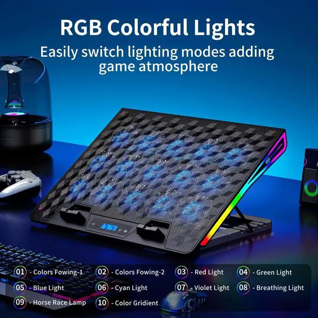 Alt view image 5 of 6 - Laptop Cooling Pad, Gaming Laptop Fan Cooling Pad with 15 Quiet Fans, RGB Laptop Cooler for 10-17.3 Inch, 4 Height Stands, 2 USB Ports - Blue