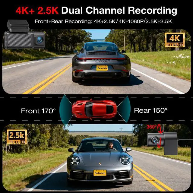 Alt view image 2 of 6 - 4K+2.5K Dash Cam Front and Rear, Built-in GPS, 5.8G WiFi, Free 64GB Card Included, Dash Camera for Cars, 2-Channel Car Camera,3.16'' IPS Screen,G-Sensor,WDR&HDR,24H Parking Monitor,Max 256GB