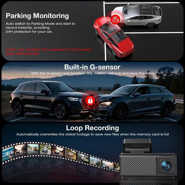 Alt view image 5 of 6 - 4K+2.5K Dash Cam Front and Rear, Built-in GPS, 5.8G WiFi, Free 64GB Card Included, Dash Camera for Cars, 2-Channel Car Camera,3.16'' IPS Screen,G-Sensor,WDR&HDR,24H Parking Monitor,Max 256GB