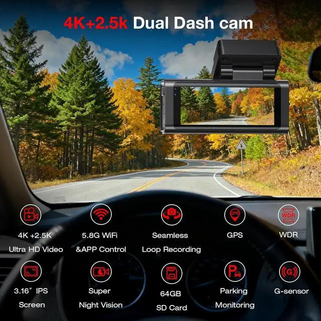 Alt view image 6 of 6 - 4K+2.5K Dash Cam Front and Rear, Built-in GPS, 5.8G WiFi, Free 64GB Card Included, Dash Camera for Cars, 2-Channel Car Camera,3.16'' IPS Screen,G-Sensor,WDR&HDR,24H Parking Monitor,Max 256GB