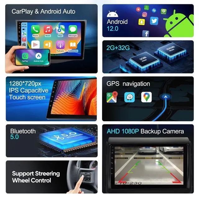 Alt view image 3 of 6 - Car Stereo Radio for Toyota Tacoma 2005-2015 with Wireless Carplay&Android Auto/9 inch Touch Screen/Android12/FM RDS/GPS Navigation/HD Backup Camera (2GB+32GB+HD Backup Camera)