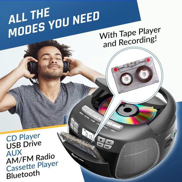 Alt view image 3 of 6 - CD Player & Cassette Tape Player, Bluetooth Boombox, AM/FM Radio, Stereo Sound, Remote, CD and Cassette Combo, Tape Recording, USB Drive, AUX, AC/DC Powered - Silver