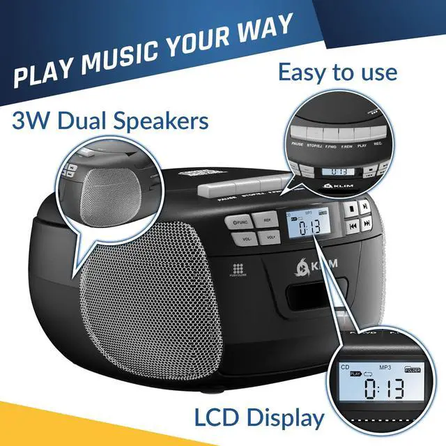 Alt view image 6 of 6 - CD Player & Cassette Tape Player, Bluetooth Boombox, AM/FM Radio, Stereo Sound, Remote, CD and Cassette Combo, Tape Recording, USB Drive, AUX, AC/DC Powered - Silver