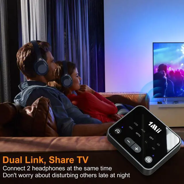 Alt view image 2 of 6 - Bluetooth 5.3 Transmitter for TV to 2 Wireless Headphones/Speakers | aptX Adaptive/HD, Optical/AUX/RCA Audio Inputs with Volume Control, 100FT Long Range Bluetooth Adapter for Television