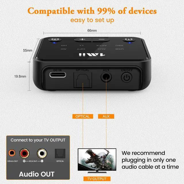 Alt view image 6 of 6 - Bluetooth 5.3 Transmitter for TV to 2 Wireless Headphones/Speakers | aptX Adaptive/HD, Optical/AUX/RCA Audio Inputs with Volume Control, 100FT Long Range Bluetooth Adapter for Television