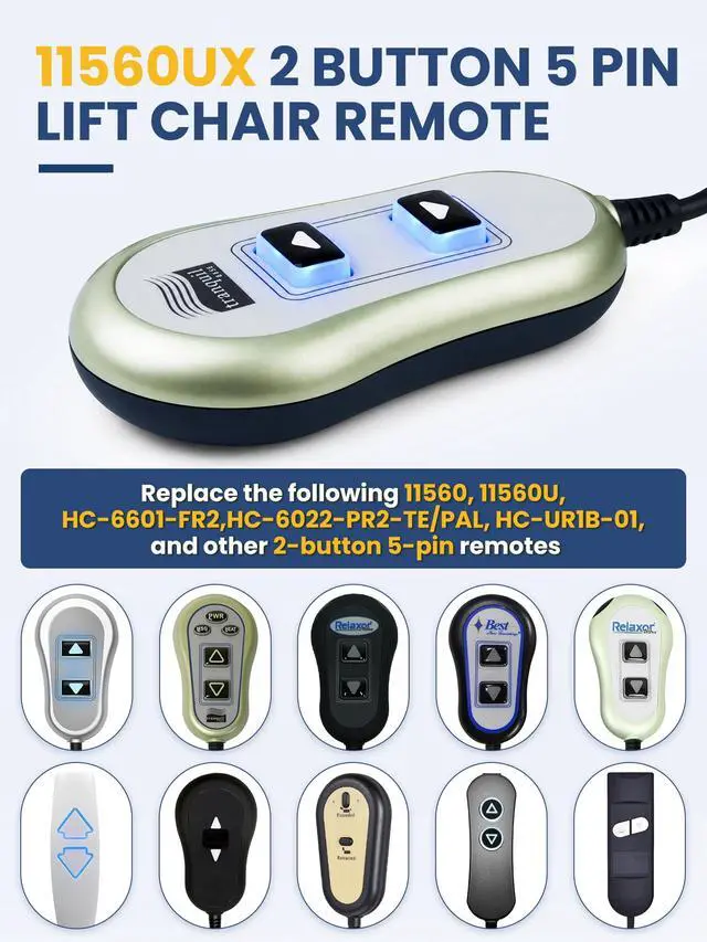 Alt view image 3 of 6 - Upgraded Tranquil Ease 11560UX & 11560 5 Pin Lift Chair Remote Fit for Inseat, Best Home Furnishings Lift Chairs, Lighted Hand Control, Power Recliner Switch Two-Year Replacement (Green)