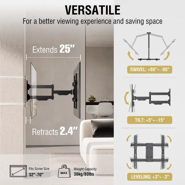 Alt view image 5 of 6 - 32"70" TVs | Indoor Full Motion TV Mount Fits Large Pillars & Poles 8" & Up, No Drill Gazebo & Pergola TV Mount, VESA 400x400, Holds 80 lbs