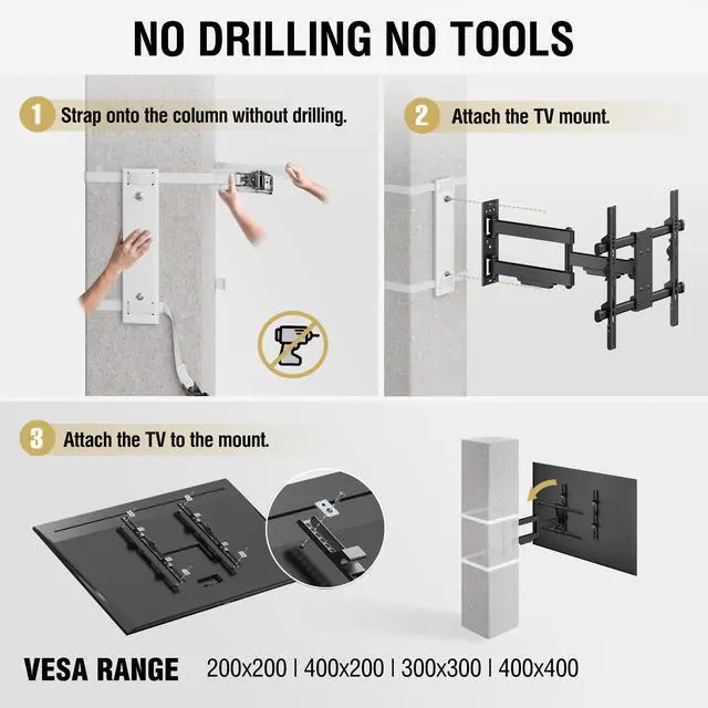 Alt view image 6 of 6 - 32"70" TVs | Indoor Full Motion TV Mount Fits Large Pillars & Poles 8" & Up, No Drill Gazebo & Pergola TV Mount, VESA 400x400, Holds 80 lbs
