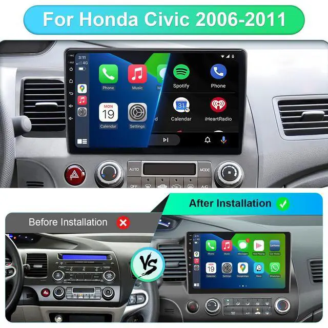 Alt view image 2 of 6 - Car Stereo Radio for Honda Civic 2006 2007 2008 2009 2010 2011 with Wireless Carplay & Android Auto,10.1 Inch 1080P Touch Screen for Civic Radio with Bluetooth FM Mirror Link SWC No Camera