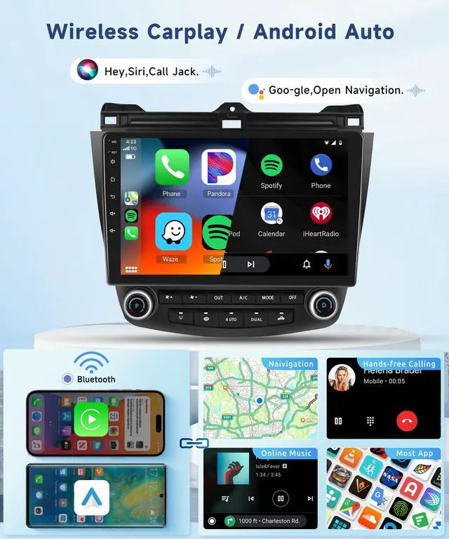 Alt view image 2 of 6 - 5Ghz WiFi Car Radio Stereo for Honda Accord 2003-2007 Android 15,10.1 inch Capacitive HD Touch Screen with Wireless carplay&Android Auto GPS Navigation WiFi Bluetooth USB FM Car Audio SWC 2G+64G
