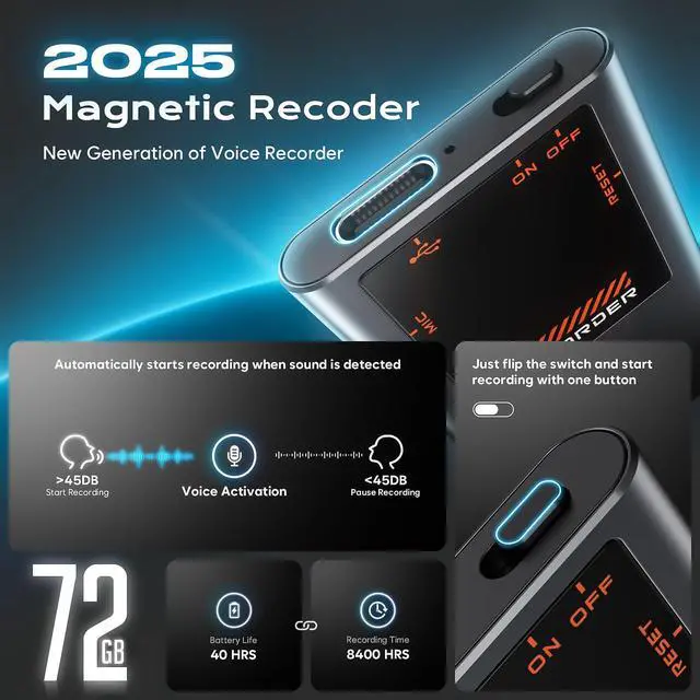 Alt view image 2 of 6 - 72GB Magnetic Voice Activated Recorder - (7000 Hours) Digital Voice Recorder with Playback, Dictaphone Recording Device Portable Tape Recorder with DSP 5.0-AI Noise Reduction for Work Lectures Meeting