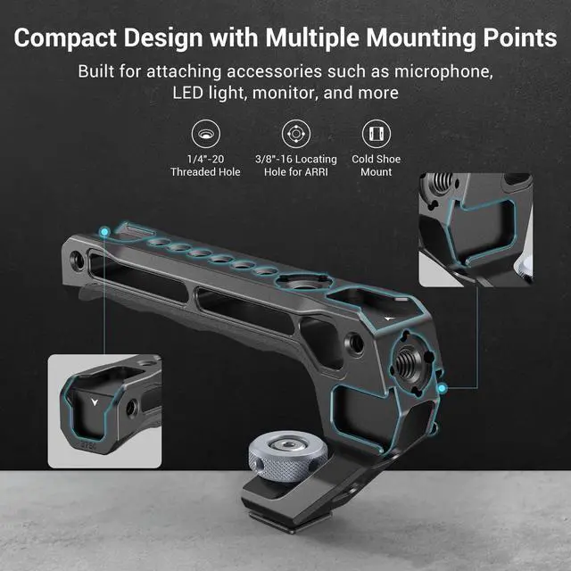 Alt view image 4 of 6 - Lightweight Top Handle, Grip for DSLR Camera Cage, Universal Handle with 5 Cold Shoe Adapters and Cold Shoe Base (Lite) - 3764