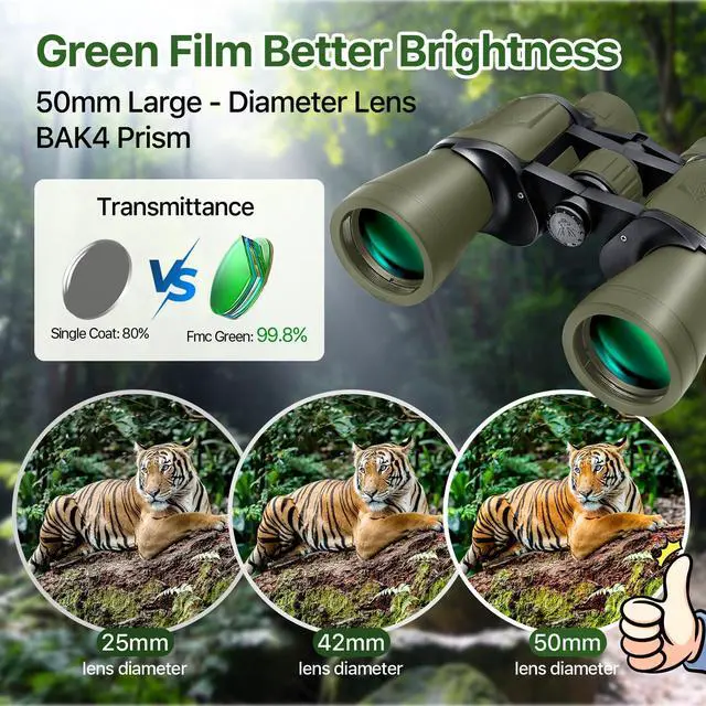 Alt view image 3 of 6 - 20x50 High Powered Binoculars for Adults, Green | With Bak4 Prism Fmc Lens, Lightweight, Portable, Waterproof, Fog-Proof, For Bird Watching, Hunting, Hiking, Concerts, Travel