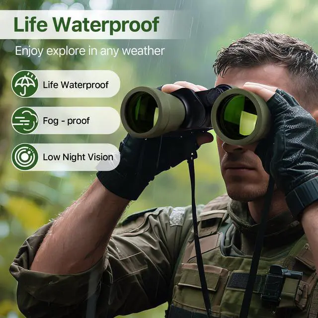 Alt view image 4 of 6 - 20x50 High Powered Binoculars for Adults, Green | With Bak4 Prism Fmc Lens, Lightweight, Portable, Waterproof, Fog-Proof, For Bird Watching, Hunting, Hiking, Concerts, Travel