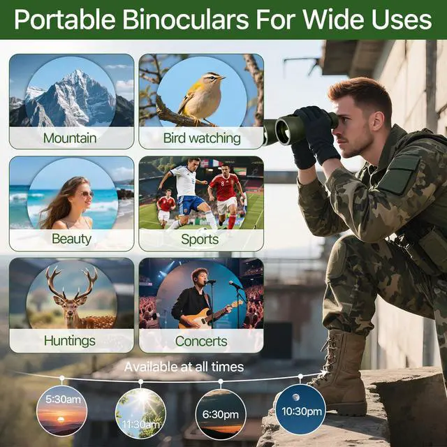 Alt view image 5 of 6 - 20x50 High Powered Binoculars for Adults, Green | With Bak4 Prism Fmc Lens, Lightweight, Portable, Waterproof, Fog-Proof, For Bird Watching, Hunting, Hiking, Concerts, Travel
