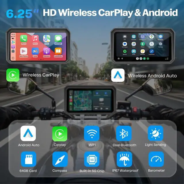 Alt view image 2 of 6 - Motorcycle CarPlay Screen with Android Auto 6.25 Waterproof GPS Pantalla para Moto Apple CarPlay Navigation System for Motorcycle, Dual 2K Dash Cam Bluetooth Audio & TPMS with Magnetic Mount