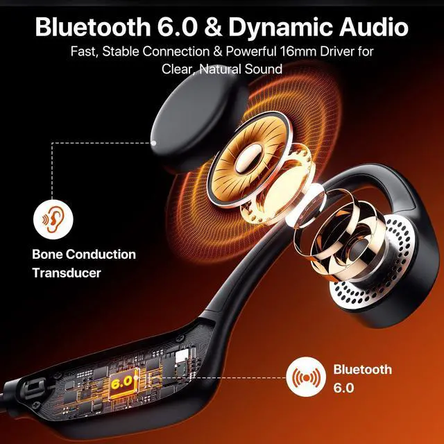 Alt view image 3 of 6 - Bone Conduction Headphones, Open Ear Sports Headphones, Wireless Earbuds with Mic, Bluetooth 6.0, 10H Playtime, IPX5 Sweatproof, Lightweight Secure Fit for Running, Cycling, Gym, Black