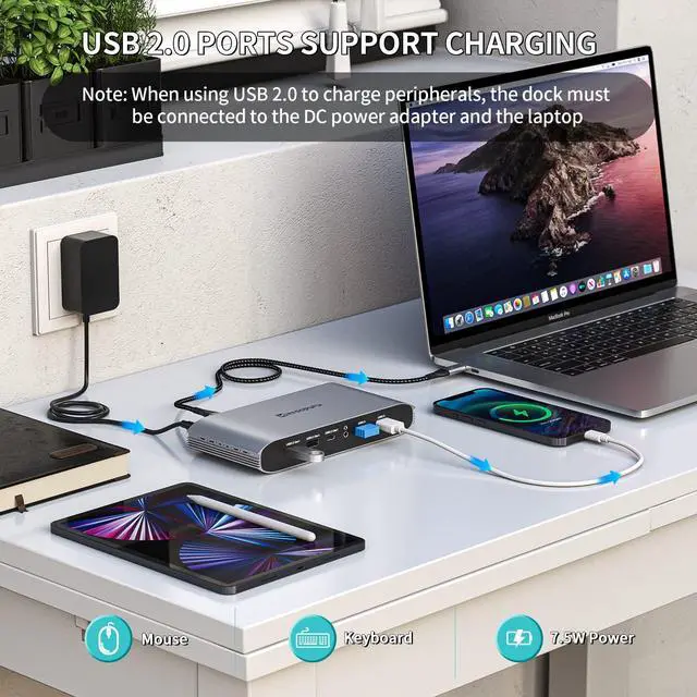 Alt view image 4 of 6 - DS808 DisplayLink Docking Station 3 Monitors with 2 HDMI 2 DP | 100W PD, USB-C Data, Gigabit Ethernet, Audio, 4 USB-A, DisplayLink Dock for Macbook M1/M2/M3/M4/M5 and Windows Laptops