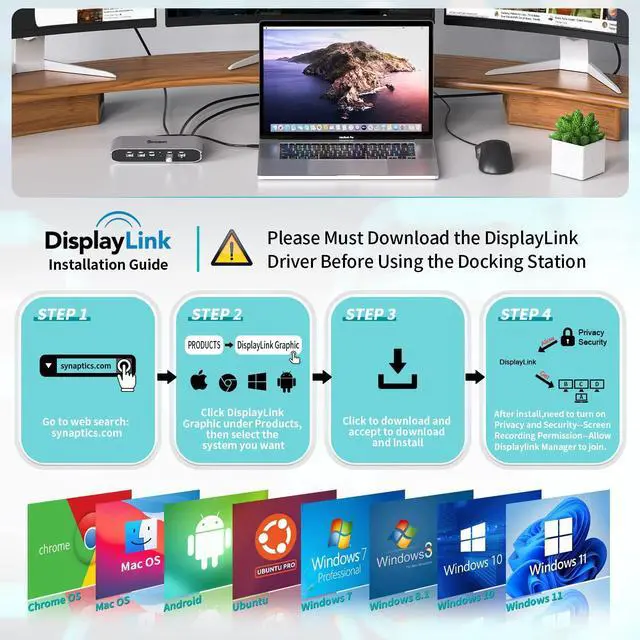 Alt view image 6 of 6 - DS808 DisplayLink Docking Station 3 Monitors with 2 HDMI 2 DP | 100W PD, USB-C Data, Gigabit Ethernet, Audio, 4 USB-A, DisplayLink Dock for Macbook M1/M2/M3/M4/M5 and Windows Laptops