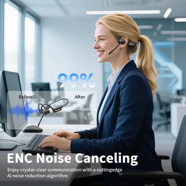 Alt view image 2 of 6 - Open Ear Headphones with Mic, Wireless Headset with AI Noise Cancellation Microphone Bluetooth 5.4 Bluetooth Headset with Mic Air Conduction Headphones for Work Call Meeting Driving