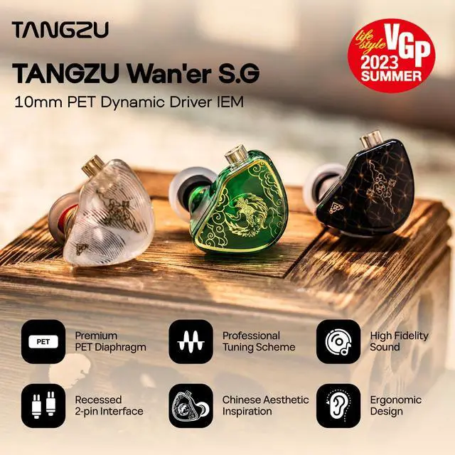 Alt view image 2 of 6 - TANGZU Waner S.G HiFi 10mm Dynamic Driver PET Diaphragm in-Ear Earphone with Ergonomic Shape, Detachable Recessed 2Pin OFC Braided Cable for Audiophile Musician DJ Stage(Green, with Mic)