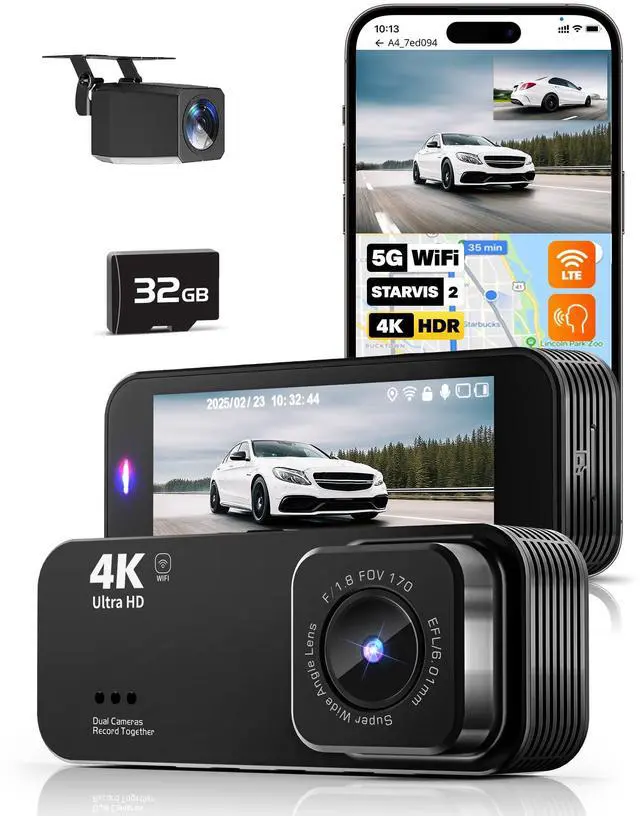 Main image of Dash Camera for Cars, 4K Dash Cam Front and Rear with 5G WiFi, 32GB Card Included, Loop Recording, Night Vision, 170°Wide Angle, G-Sensor, 24H Parking Mode
