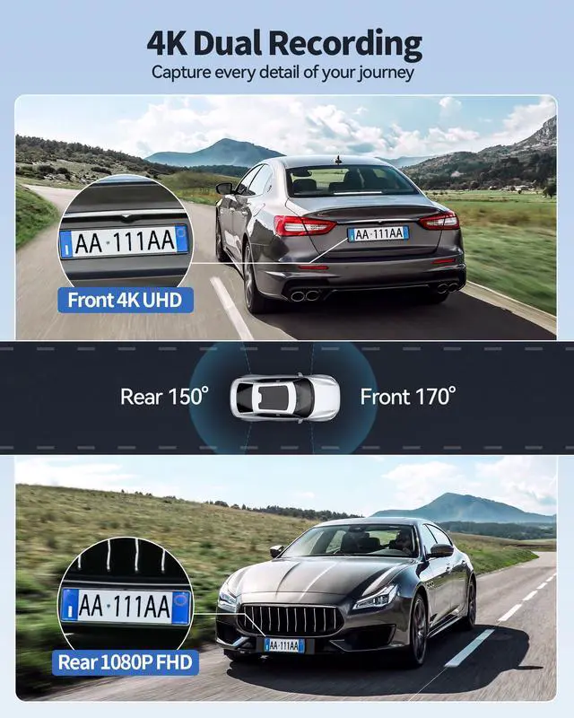 Alt view image 2 of 6 - Dash Camera for Cars, 4K Dash Cam Front and Rear with 5G WiFi, 32GB Card Included, Loop Recording, Night Vision, 170°Wide Angle, G-Sensor, 24H Parking Mode