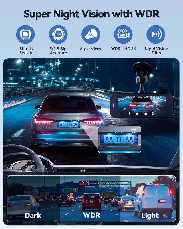 Alt view image 5 of 6 - Dash Camera for Cars, 4K Dash Cam Front and Rear with 5G WiFi, 32GB Card Included, Loop Recording, Night Vision, 170°Wide Angle, G-Sensor, 24H Parking Mode