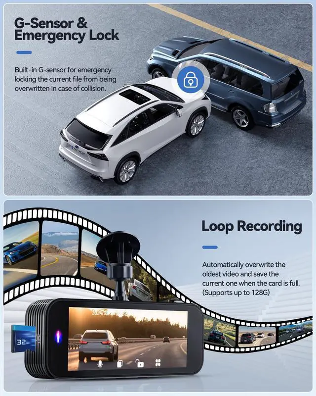 Alt view image 6 of 6 - Dash Camera for Cars, 4K Dash Cam Front and Rear with 5G WiFi, 32GB Card Included, Loop Recording, Night Vision, 170°Wide Angle, G-Sensor, 24H Parking Mode