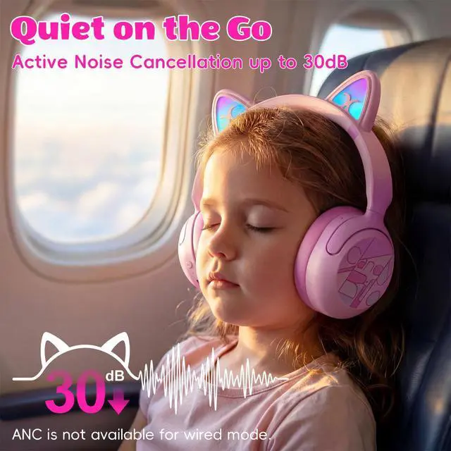 Alt view image 2 of 6 - Kids Bluetooth Headphones, Active Noise Cancelling, 85dB Limit | LED cat ear, 40H playtime, Bluetooth 6.0, Fast charging, AUX Cable, Stereo Sound, Built-in mic for iPad Tablets Travel