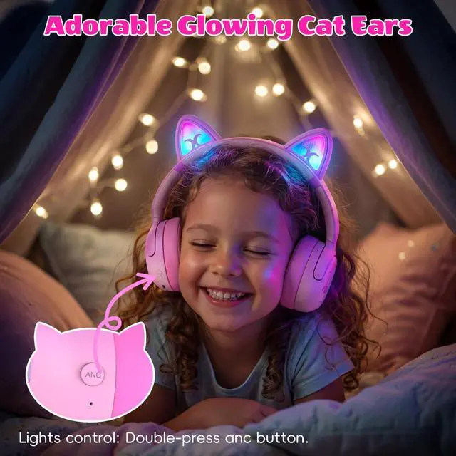 Alt view image 3 of 6 - Kids Bluetooth Headphones, Active Noise Cancelling, 85dB Limit | LED cat ear, 40H playtime, Bluetooth 6.0, Fast charging, AUX Cable, Stereo Sound, Built-in mic for iPad Tablets Travel
