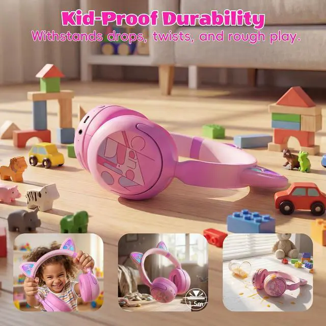Alt view image 4 of 6 - Kids Bluetooth Headphones, Active Noise Cancelling, 85dB Limit | LED cat ear, 40H playtime, Bluetooth 6.0, Fast charging, AUX Cable, Stereo Sound, Built-in mic for iPad Tablets Travel