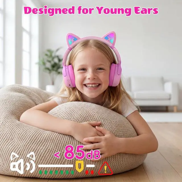 Alt view image 5 of 6 - Kids Bluetooth Headphones, Active Noise Cancelling, 85dB Limit | LED cat ear, 40H playtime, Bluetooth 6.0, Fast charging, AUX Cable, Stereo Sound, Built-in mic for iPad Tablets Travel