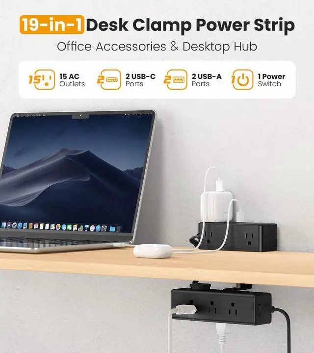 Alt view image 2 of 6 - Dual Layer Desk Clamp Power Strip, 13 Outlets, 20W USB-C, 5FT Cord | 1200J Surge Protection, Edge Mount Clamp Fits 2.15" Desk Edge, Home Office Workstation, Black, ETL Listed