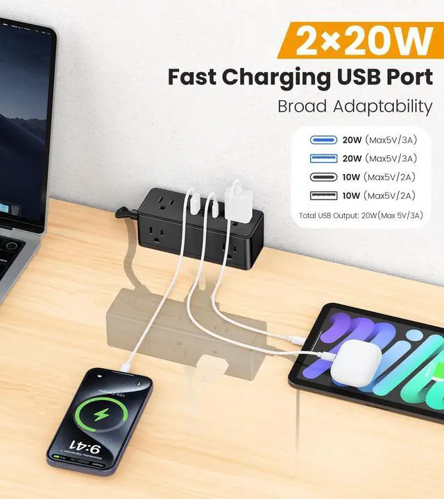 Alt view image 3 of 6 - Dual Layer Desk Clamp Power Strip, 13 Outlets, 20W USB-C, 5FT Cord | 1200J Surge Protection, Edge Mount Clamp Fits 2.15" Desk Edge, Home Office Workstation, Black, ETL Listed
