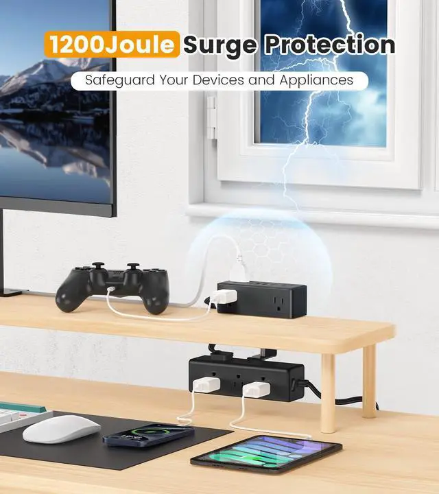 Alt view image 4 of 6 - Dual Layer Desk Clamp Power Strip, 13 Outlets, 20W USB-C, 5FT Cord | 1200J Surge Protection, Edge Mount Clamp Fits 2.15" Desk Edge, Home Office Workstation, Black, ETL Listed