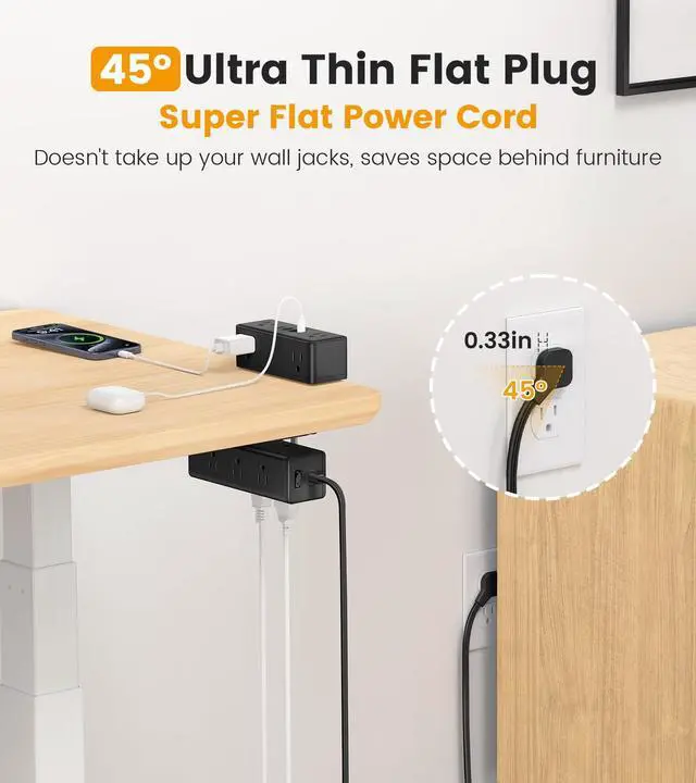 Alt view image 5 of 6 - Dual Layer Desk Clamp Power Strip, 13 Outlets, 20W USB-C, 5FT Cord | 1200J Surge Protection, Edge Mount Clamp Fits 2.15" Desk Edge, Home Office Workstation, Black, ETL Listed