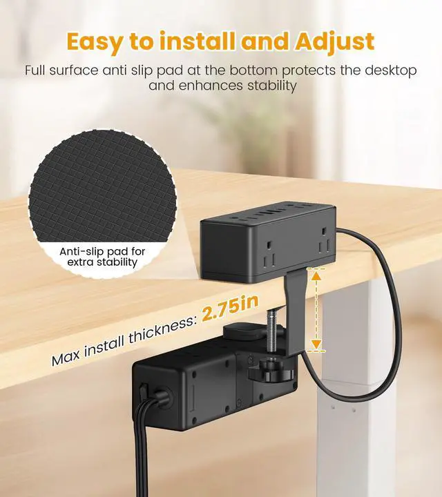 Alt view image 6 of 6 - Dual Layer Desk Clamp Power Strip, 13 Outlets, 20W USB-C, 5FT Cord | 1200J Surge Protection, Edge Mount Clamp Fits 2.15" Desk Edge, Home Office Workstation, Black, ETL Listed