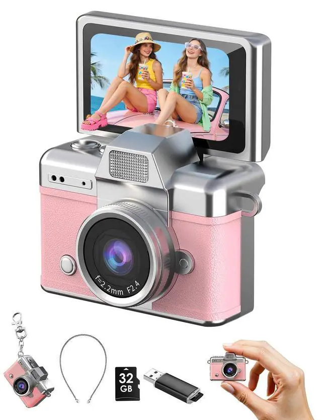 Main image of Mini Keychain Camera, 1080P Portable Digital Camera with 1.47 Flip LCD & Flash, Retro Collectible Pocket Camera for Travel, Parties, Birthday(Pink32GB)