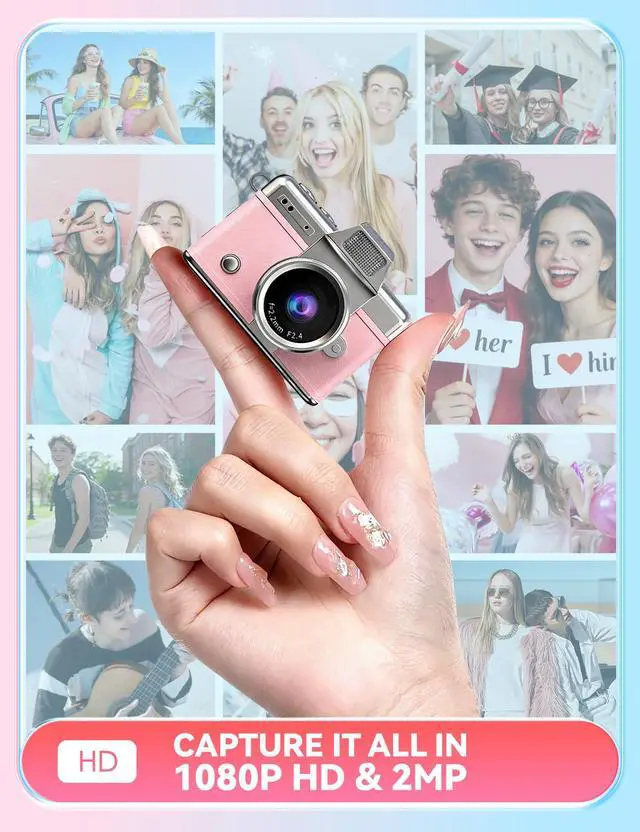 Alt view image 2 of 6 - Mini Keychain Camera, 1080P Portable Digital Camera with 1.47 Flip LCD & Flash, Retro Collectible Pocket Camera for Travel, Parties, Birthday(Pink32GB)